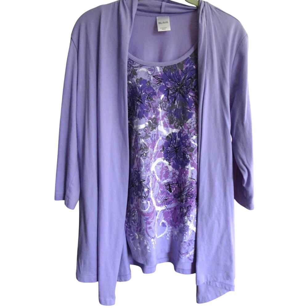 Blair Lilac Purple Cardigan Attached Blouse Floral 3/4 Sleeve COTTON Medium